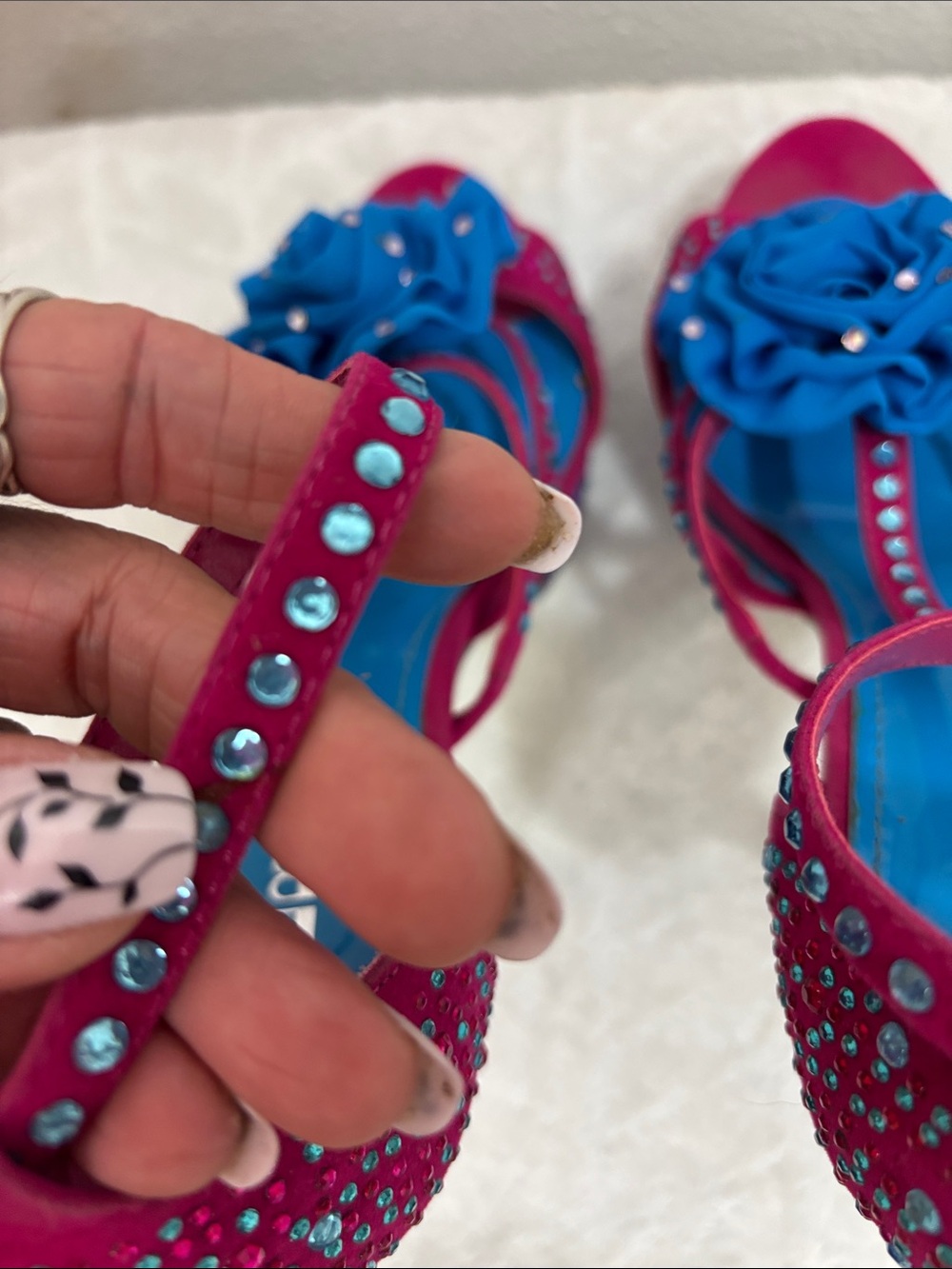 Alba Hot Pink & Blue Rhinestone Platform Heels Size 10 | 6” Stiletto Floral Glam - Picture 7 of 12
